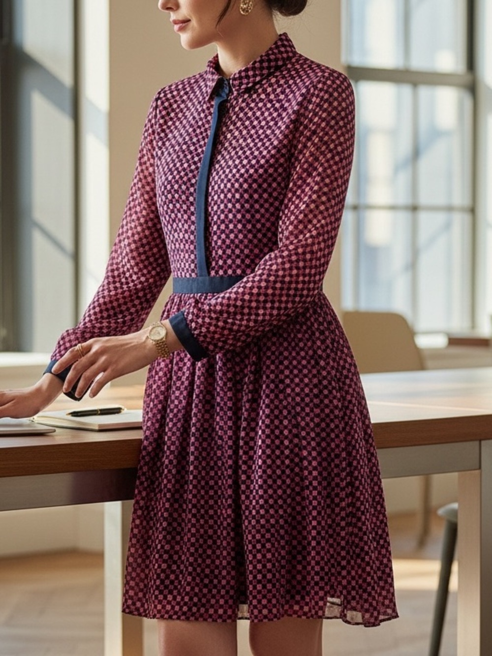 J. Crew Pink and Navy Long-Sleeve Fit-and-Flare Dress
